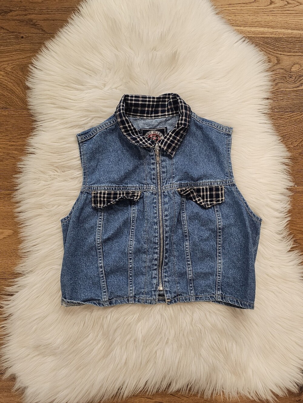 Vintage Paris Blues Denim Zip-Front Vest with Plaid Trim - Blue